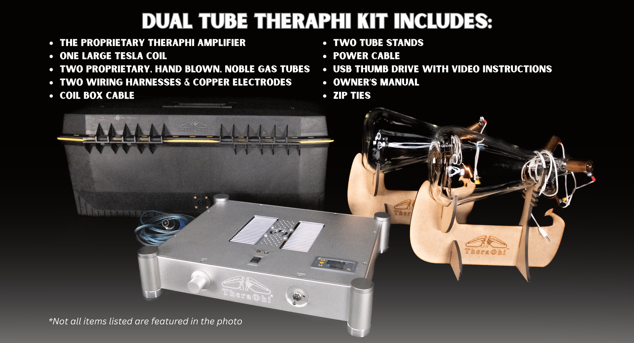 Dual tube theraphi kit with amplifier, tubes, stands, and accessories on a black background. Image tells what comes in the kit.