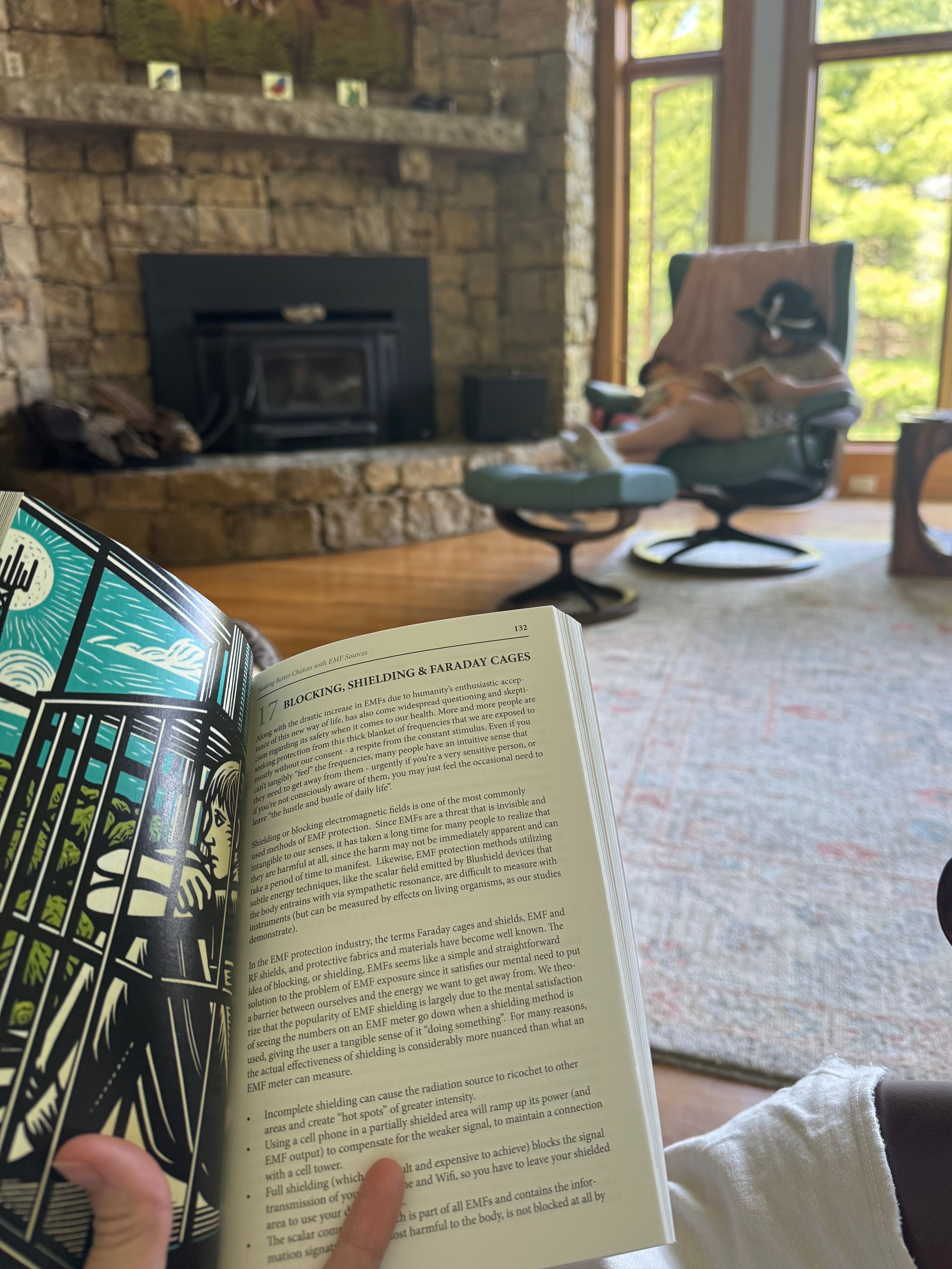Person reading a book in a cozy living room with a fireplace and large windows.