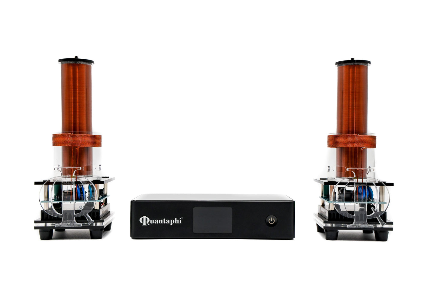 Two Quantaphi devices with a central control unit on a white background