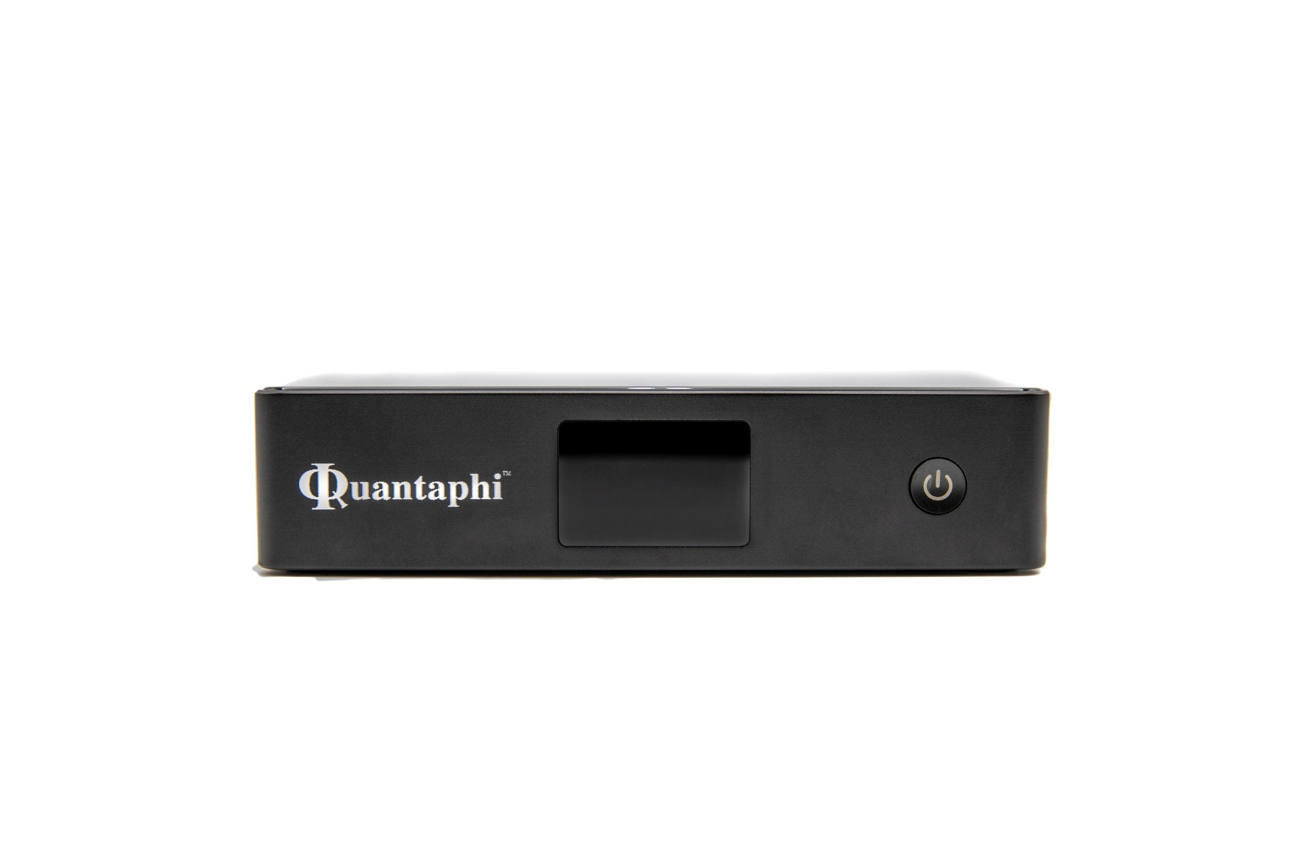 Black electronic device with 'Quantaphi' branding on a white background