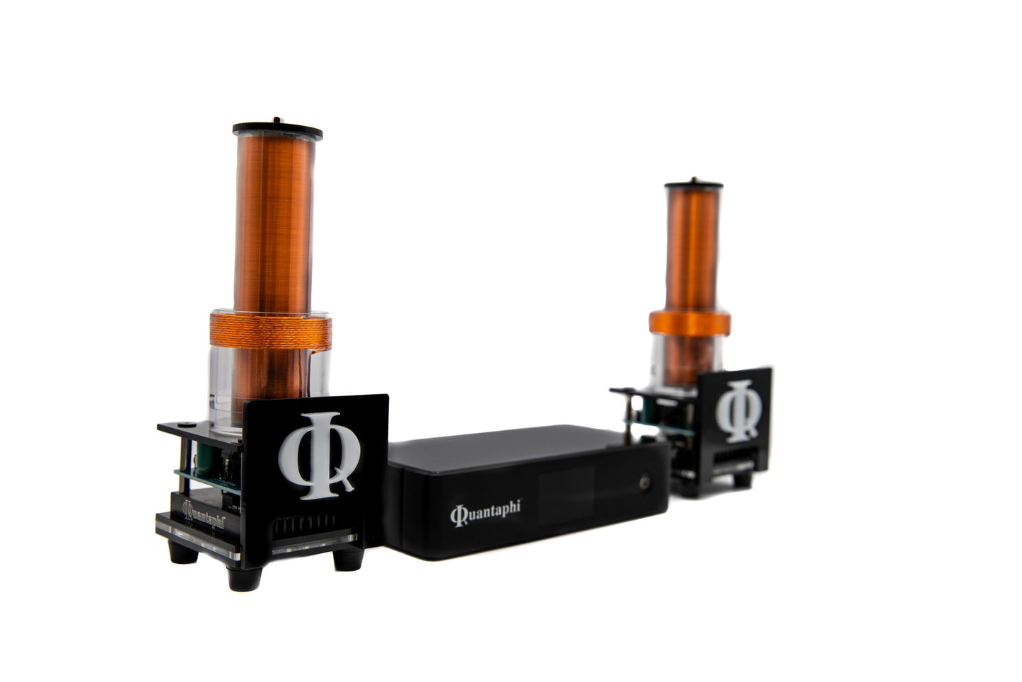 Two cylindrical devices on a stand with 'Quantaphi' branding on a white background
