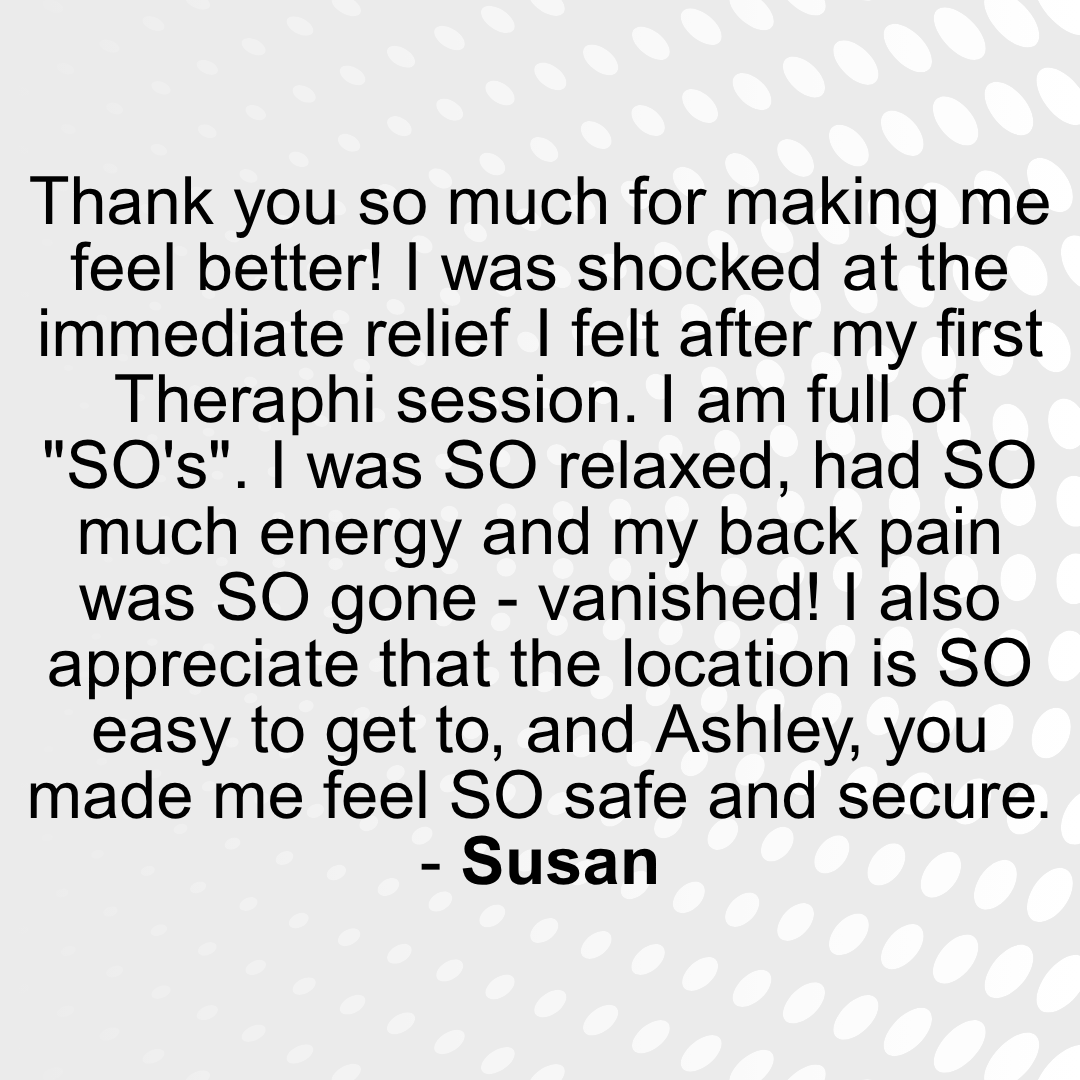 Black text on a white background with a polka dot pattern, featuring a testimonial from Susan.