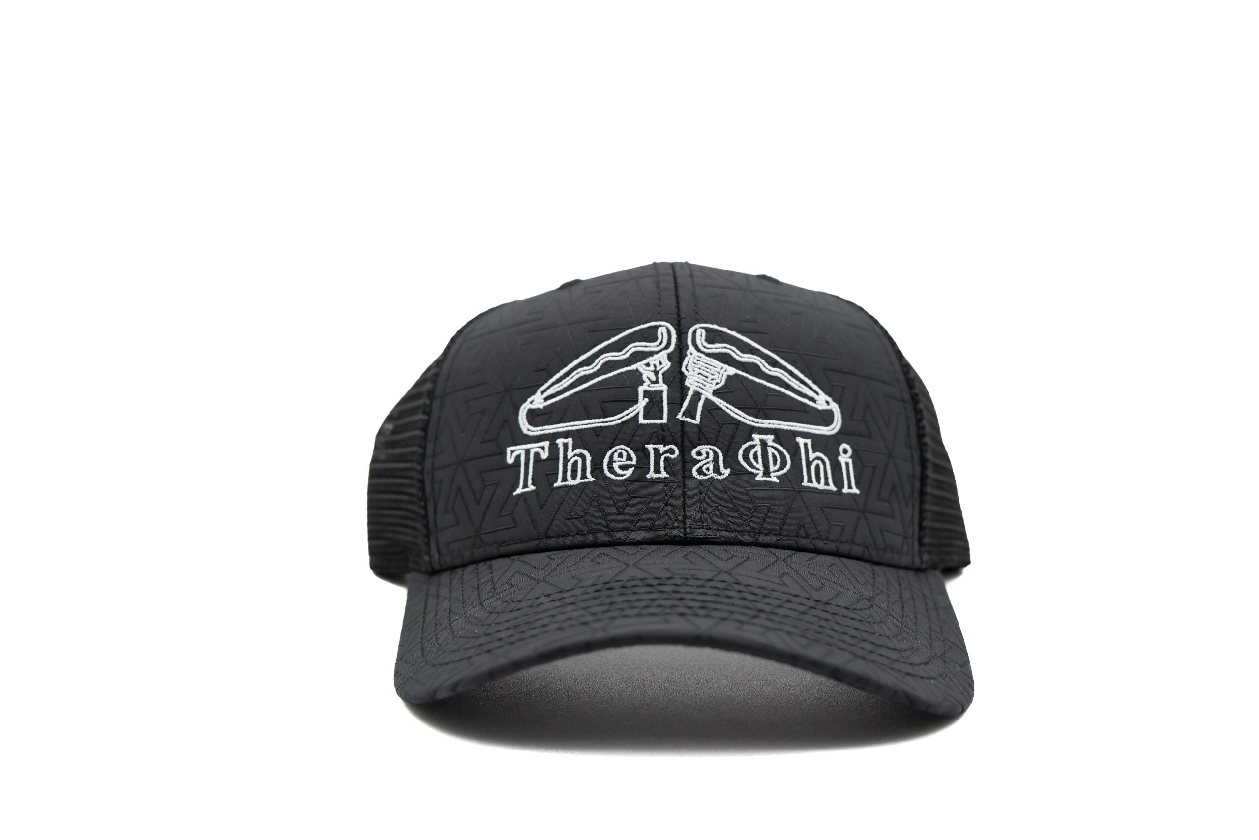 Black cap with 'TheraPhi' logo on a white background