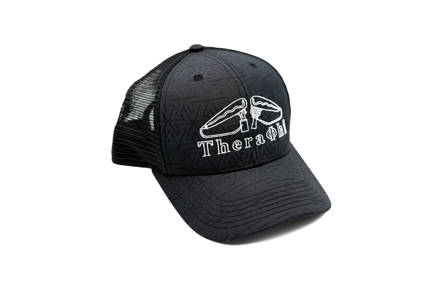 Black cap with white logo and text on a white background